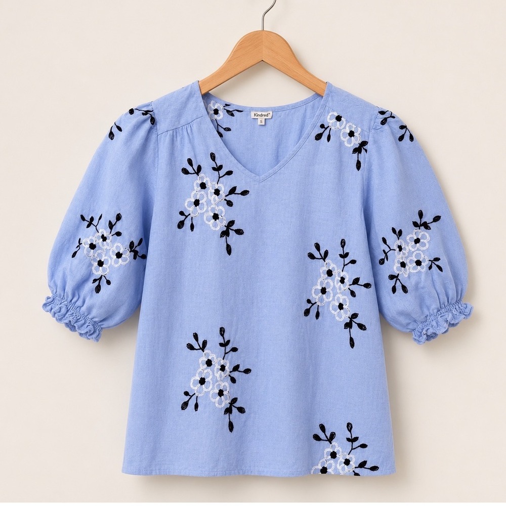 Kindred Womens Blue Floral Embroidered V-Neck Balloon Sleeve Blouse Size M